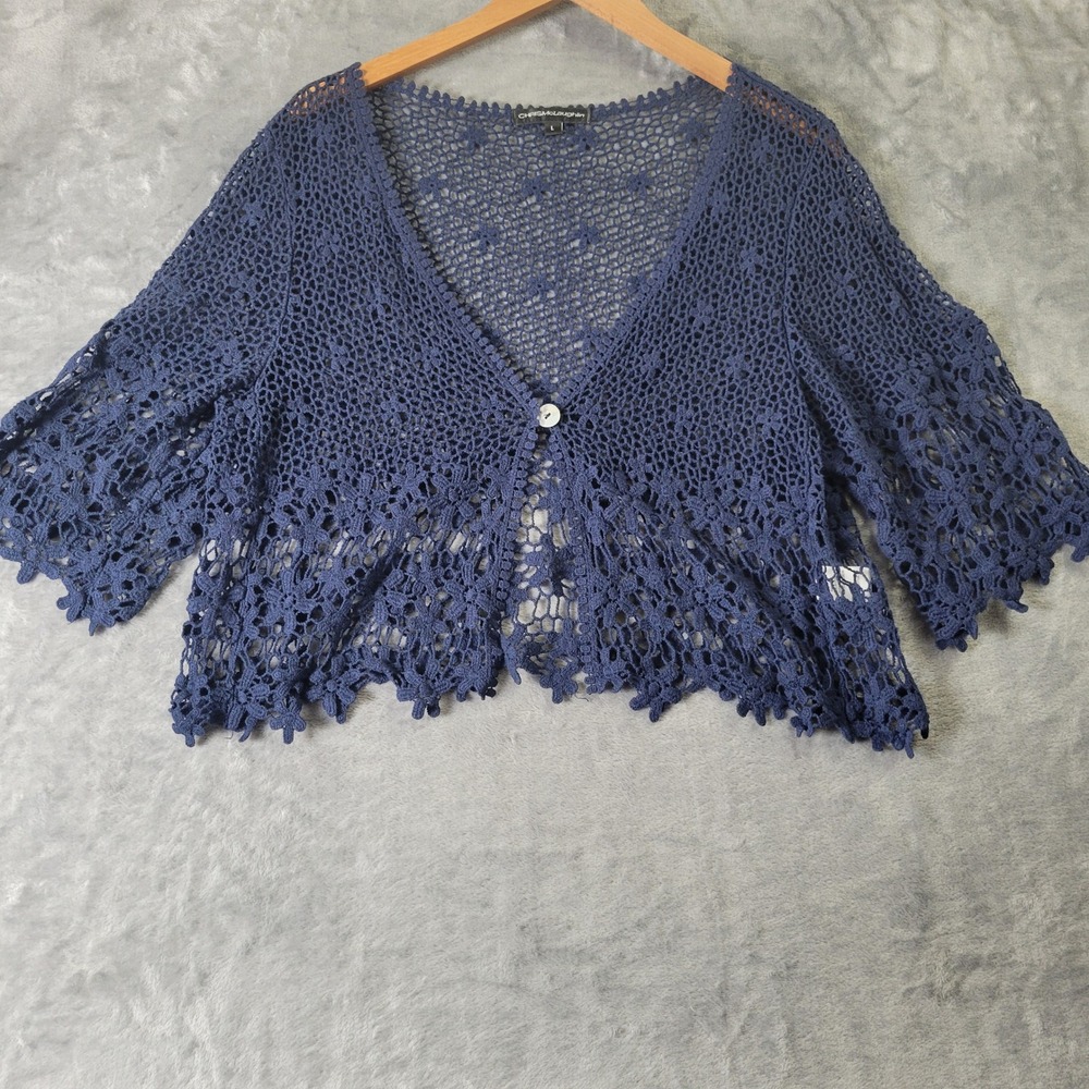 Chris McLaughlin Navy Blue Crochet Cropped Cardigan Floral Knit Large